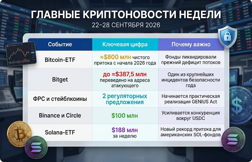Таблица с главными криптоновостями недели 22–28 сентября 2026 года