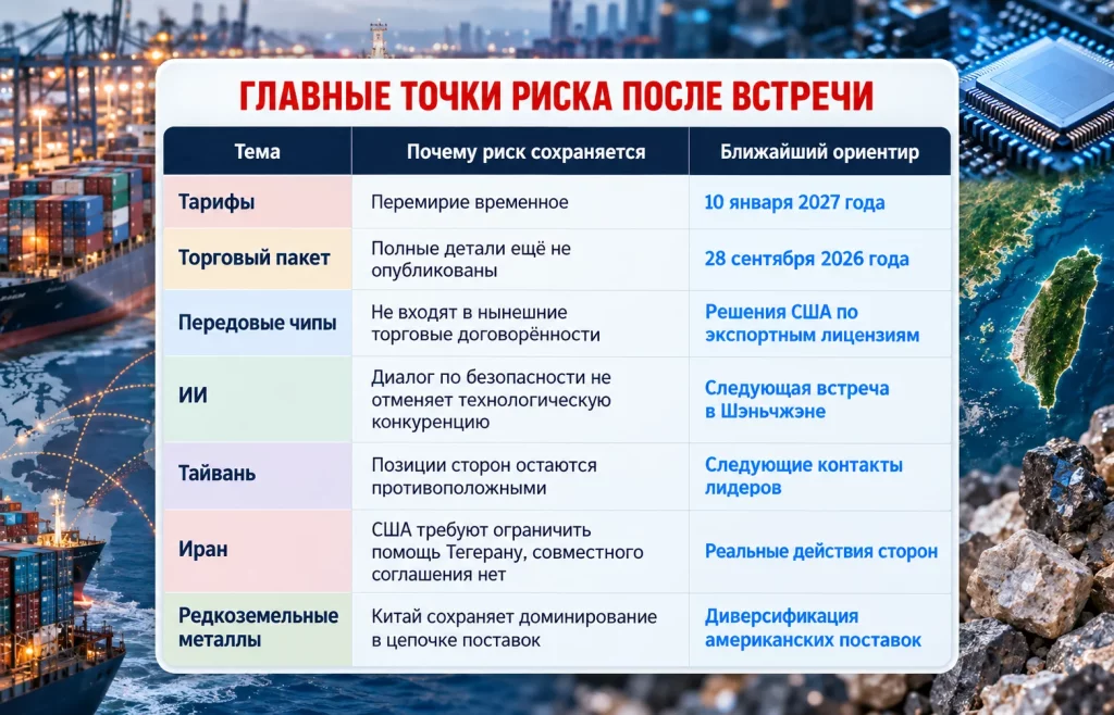 Таблица рисков США и Китая по тарифам, чипам, Тайваню, Ирану и металлам