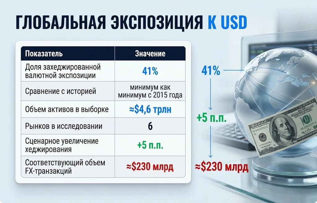 Таблица с долей хеджирования 41%, активами $4,6 трлн и сценарием FX-транзакций на $230 млрд