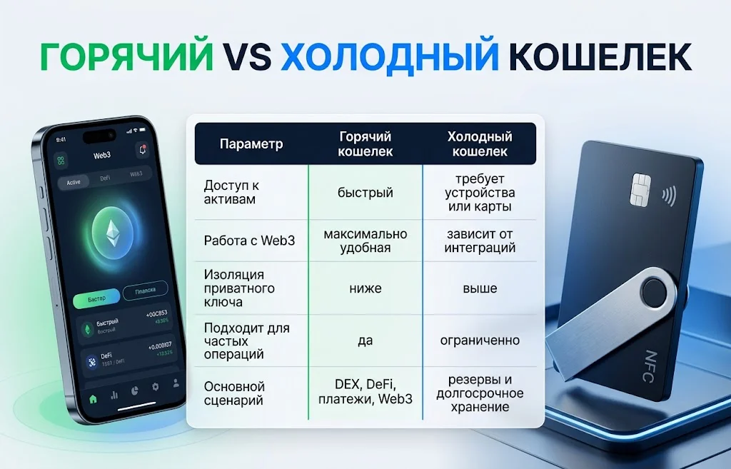 Сравнение горячего и холодного кошелька по доступу, Web3, изоляции ключей и сценарию