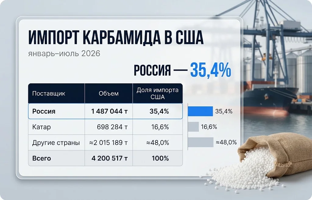 Таблица импорта карбамида в США показывает долю России 35,4% за январь–июль 2026 года