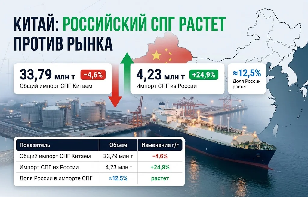 Импорт российского СПГ в Китай вырос на 24,9% при снижении общего импорта на 4,6%