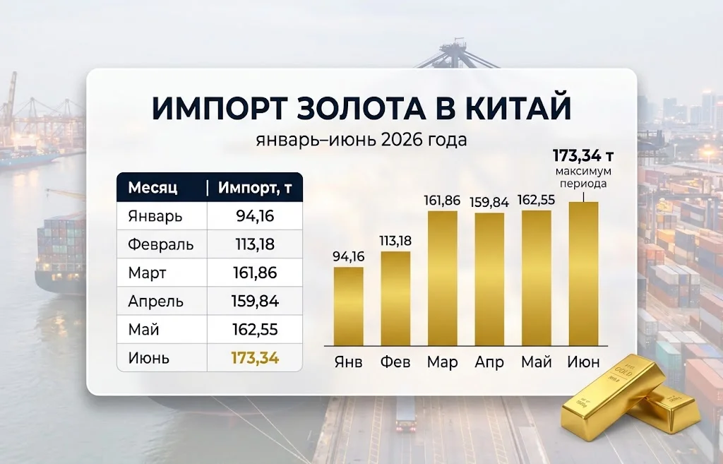 Таблица и график импорта золота в Китай с января по июнь 2026 года