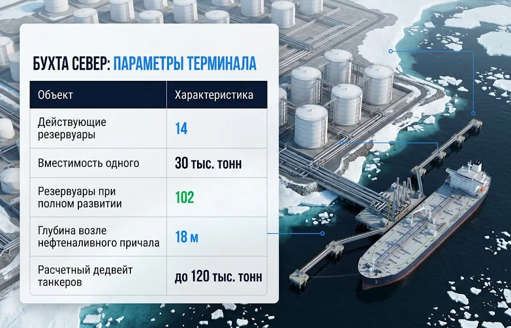 Таблица параметров Бухты Север рядом с резервуарами, причалом и арктическим танкером