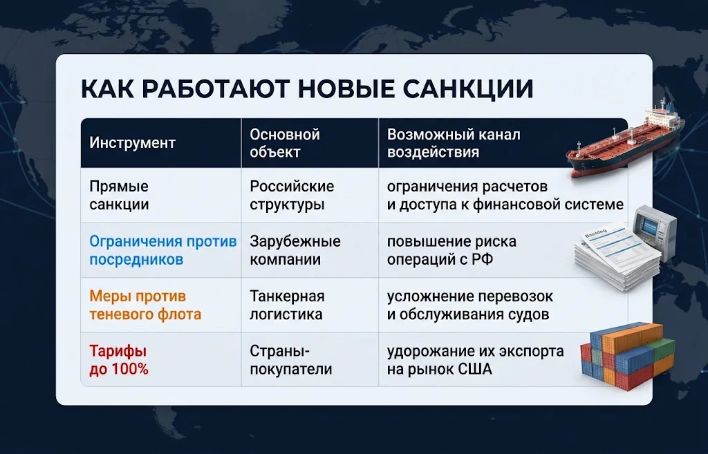Новые санкции США против России одобрил Конгресс 2 Таблица с прямыми санкциями, мерами против посредников, теневого флота и тарифами до 100%