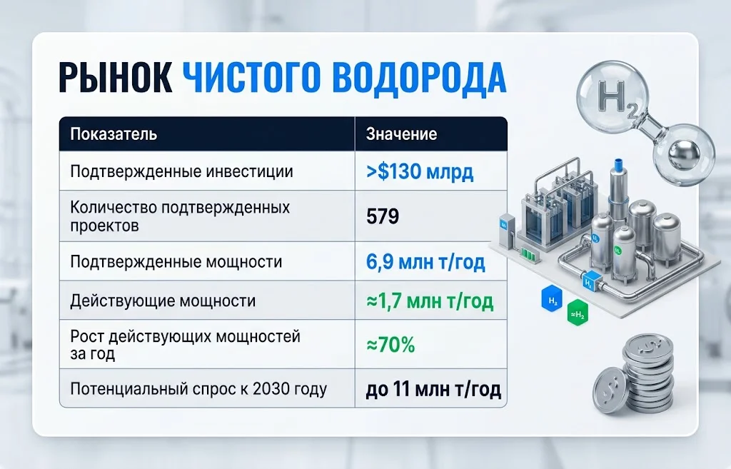 Инфографика рынка водорода с инвестициями свыше $130 млрд и 579 проектами