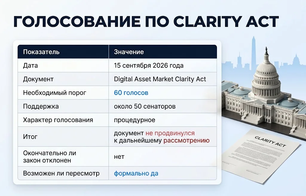 CLARITY Act не набрал достаточно голосов в Сенате США 1 Таблица голосования по CLARITY Act с порогом 60 голосов и поддержкой около 50 сенаторов