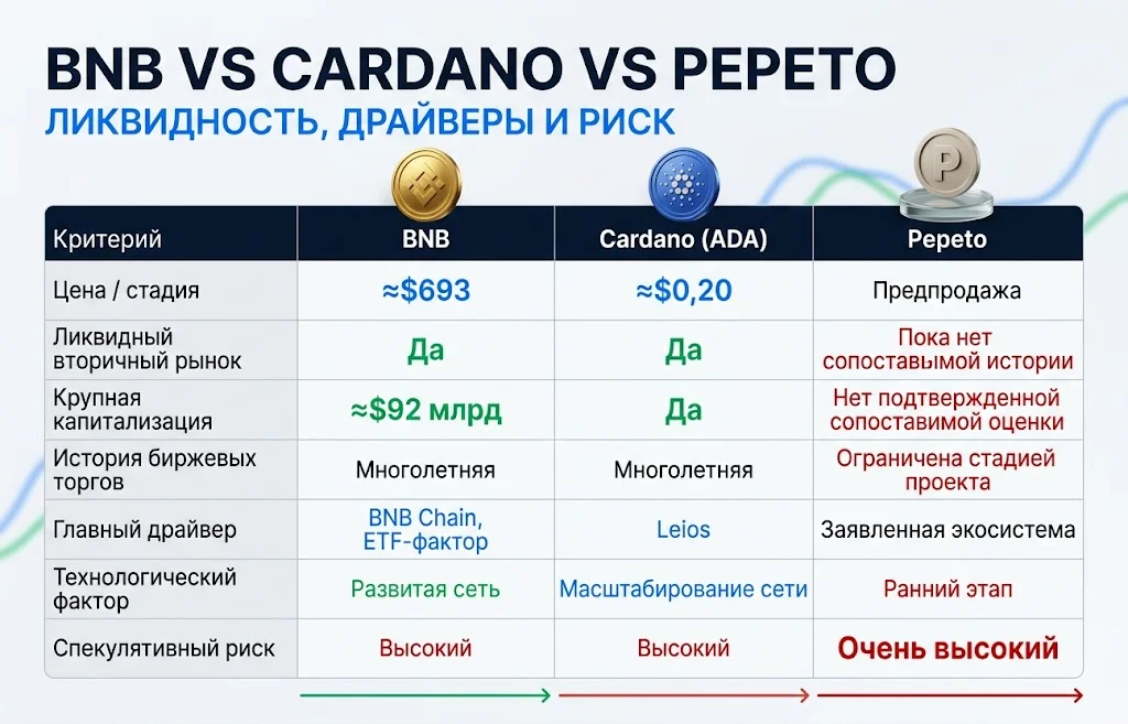 Таблица сравнивает ликвидность, капитализацию, драйверы и спекулятивный риск BNB, Cardano и Pepeto