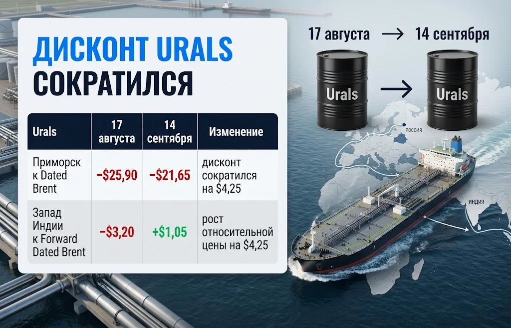 Сравнение дисконта Urals 17 августа и 14 сентября для Приморска и Индии