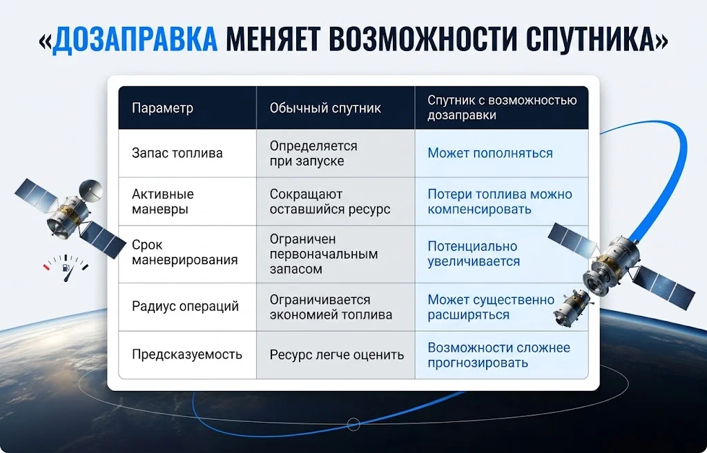 Сравнение обычного спутника и аппарата с орбитальной дозаправкой по пяти ключевым параметрам