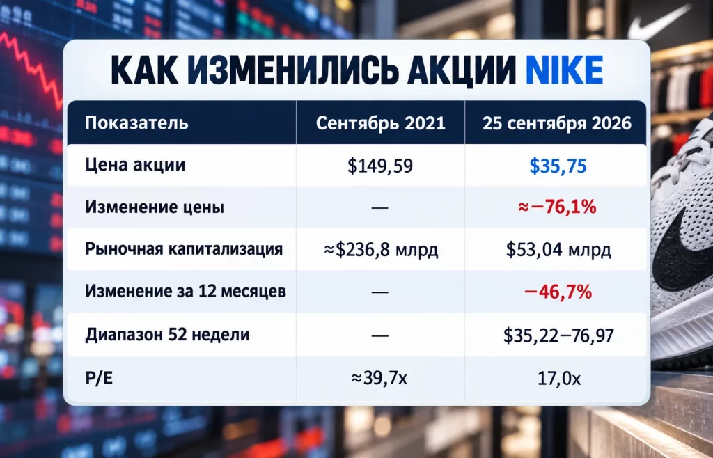 Сравнение цены и капитализации Nike в 2021 и 2026 годах