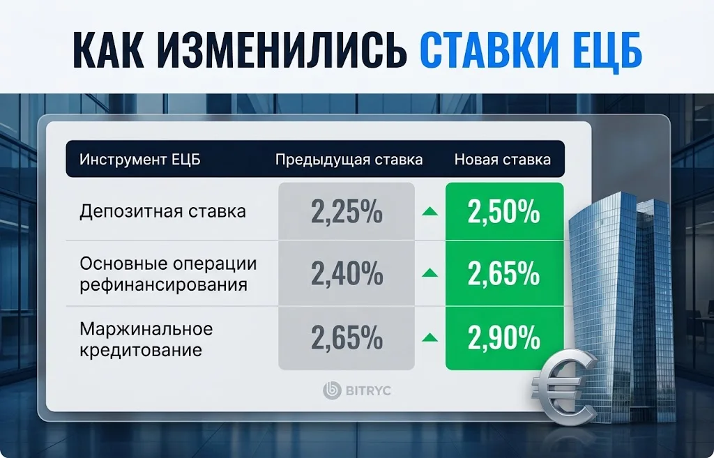 Таблица изменения депозитной ставки ЕЦБ с 2,25% до 2,50% и других ставок