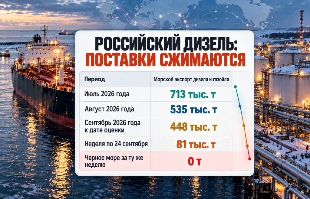 Таблица сокращения экспорта российского дизеля с 713 тысяч тонн до нулевых поставок через Черное море