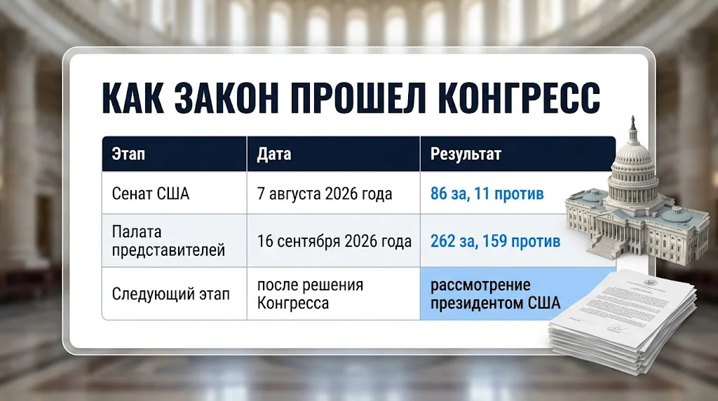 Новые санкции США против России одобрил Конгресс 1 Таблица с голосованиями Сената и Палаты представителей США в августе и сентябре 2026 года