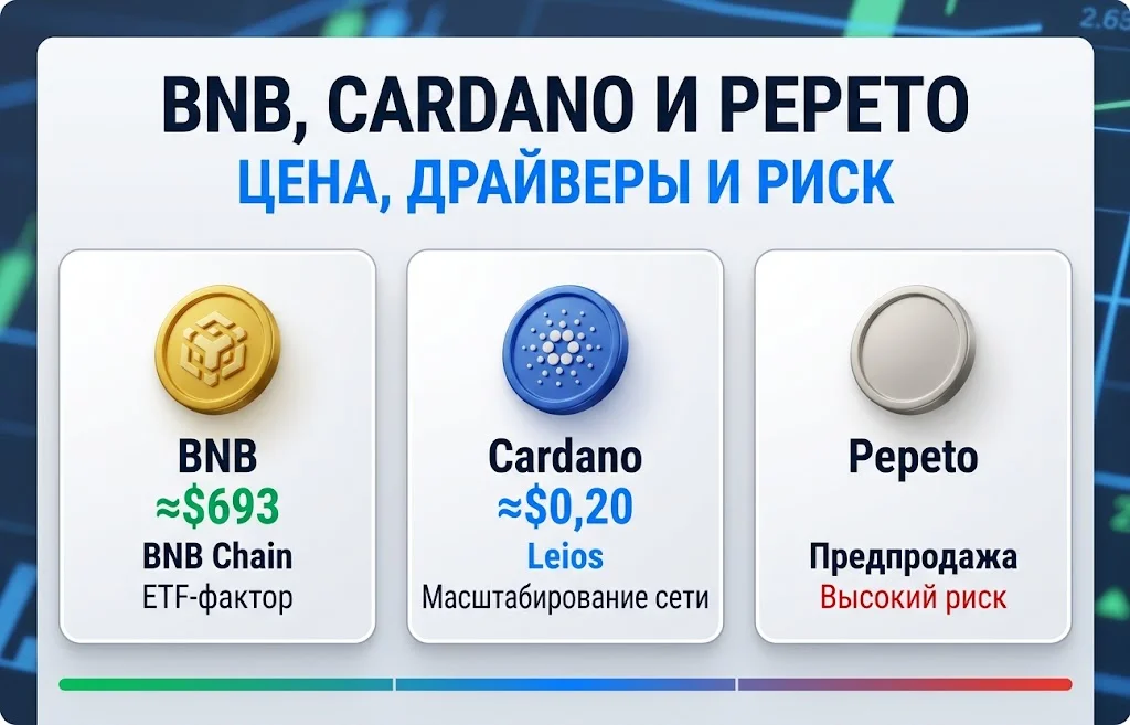 Лучшие криптовалюты для покупки сегодня: BNB, ADA и Pepeto