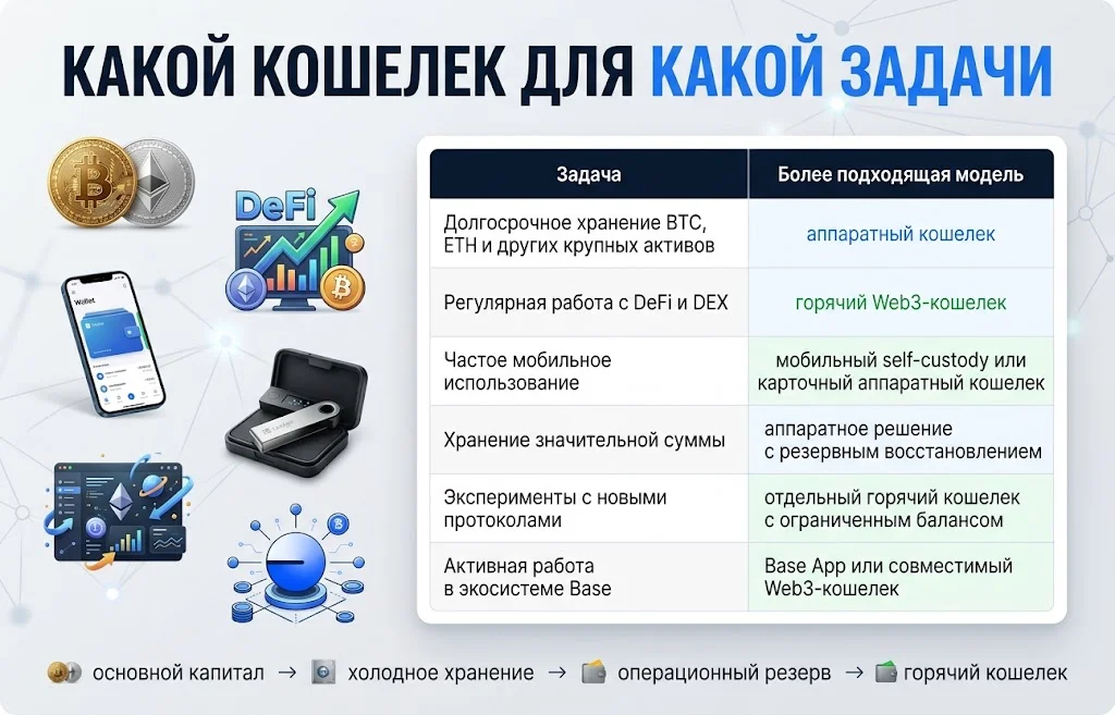 Типы криптокошельков для хранения активов, DeFi, мобильных операций и экосистемы Base