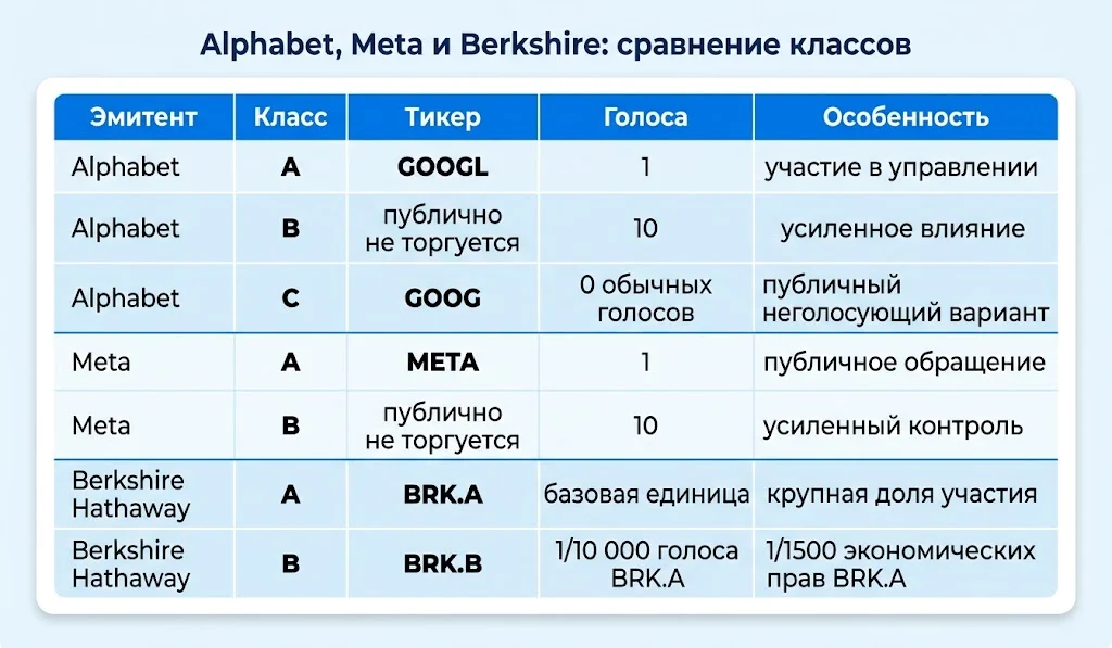 Единая таблица классов акций Alphabet, Meta и Berkshire с тикерами, голосами и особенностями прав