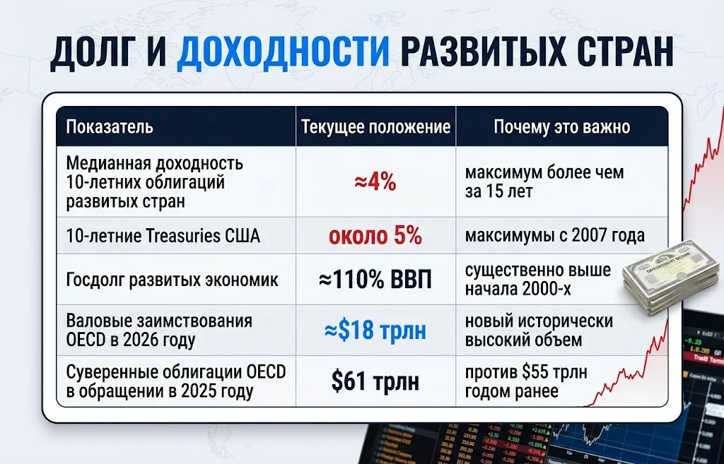 Таблица с доходностью облигаций, госдолгом и объемом заимствований OECD
