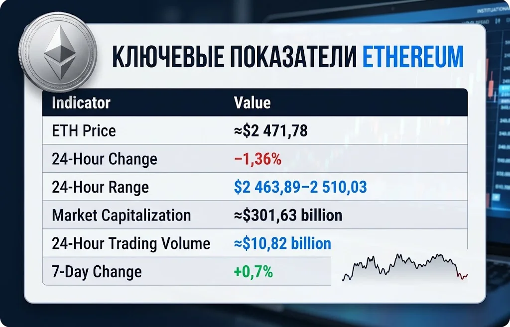 Таблица цены ETH, капитализации, объема торгов и изменений за сутки и неделю