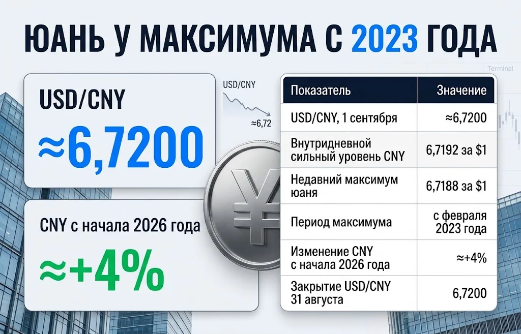 USD/CNY около 6,7200, максимум юаня 6,7188 и рост CNY примерно на 4%
