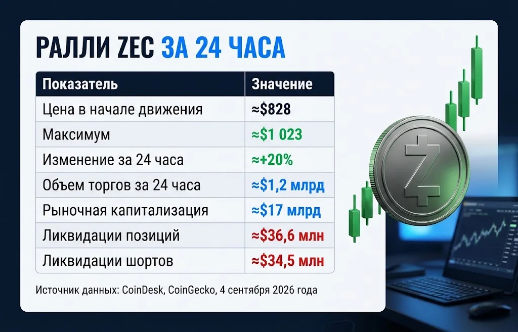 Таблица роста ZEC до $1 023 с объемом торгов и ликвидациями позиций