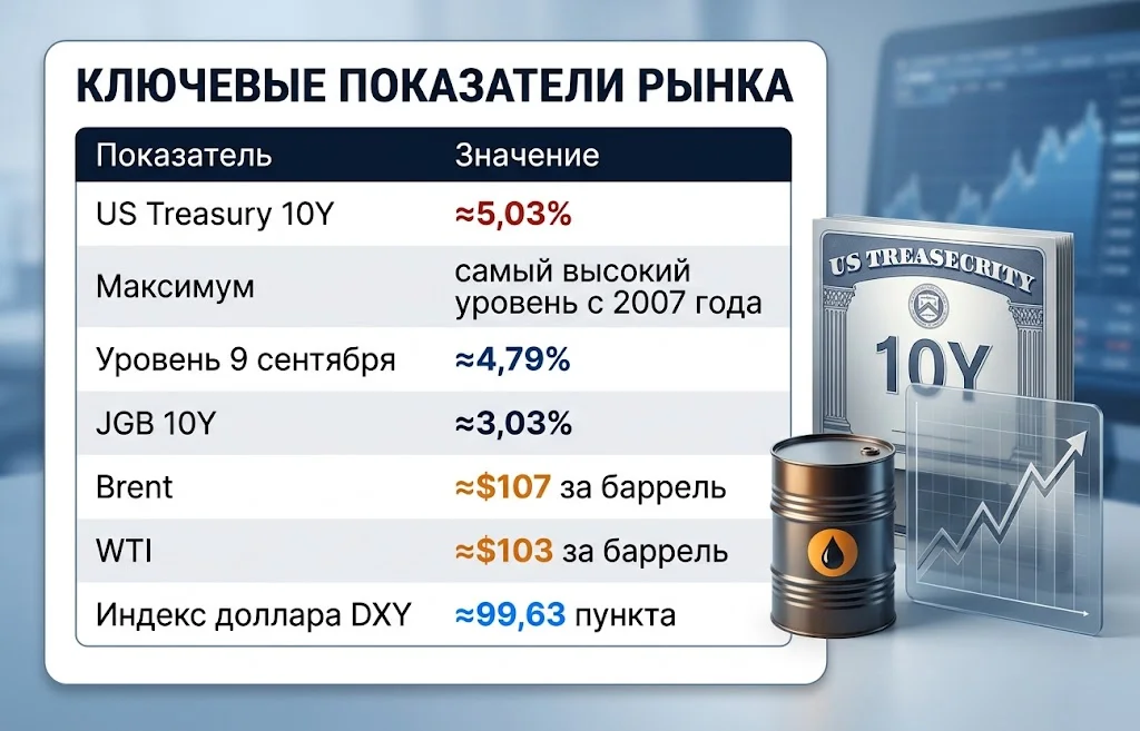 Таблица с US Treasury 10Y ≈5,03%, Brent ≈$107 и DXY ≈99,63