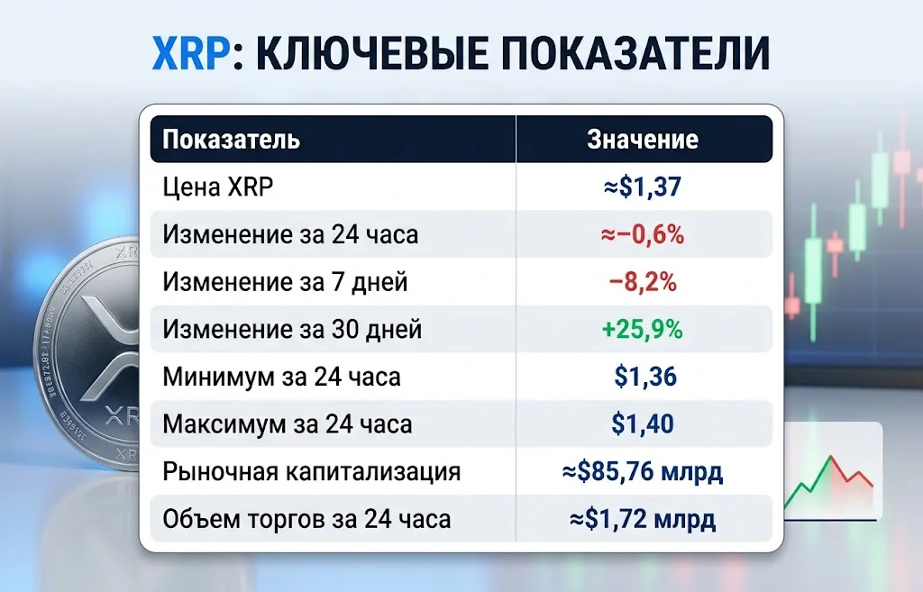 Инфографика с ценой XRP ≈$1,37, недельным снижением −8,2% и капитализацией ≈$85,76 млрд