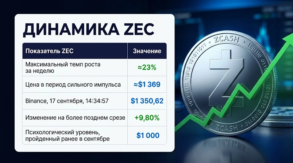 Zcash вырос на 23% за неделю: лидер после повышения ставки ФРС 1 Таблица ZEC с недельным ростом 23% и котировкой $1 350,62 на Binance