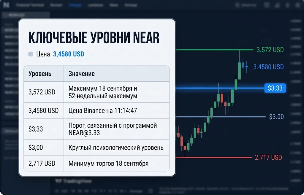 График NEAR с уровнями 3,572 USD, 3,4580 USD, $3,33, $3,00 и 2,717 USD