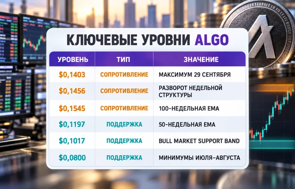 Таблица уровней ALGO от поддержки $0,08 до сопротивления $0,1545
