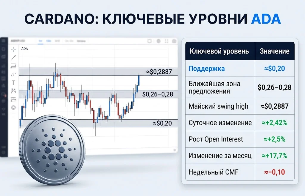 Поддержка ADA около $0,20 и сопротивление Cardano в диапазоне $0,26–0,28