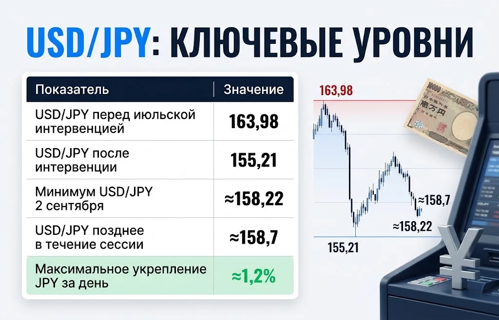 Инфографика USD/JPY с уровнями 163,98, 155,21 и минимумом ≈158,22 2 сентября