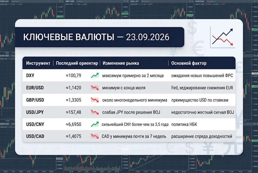 Таблица DXY, EUR/USD, GBP/USD, USD/JPY, USD/CNY и USD/CAD