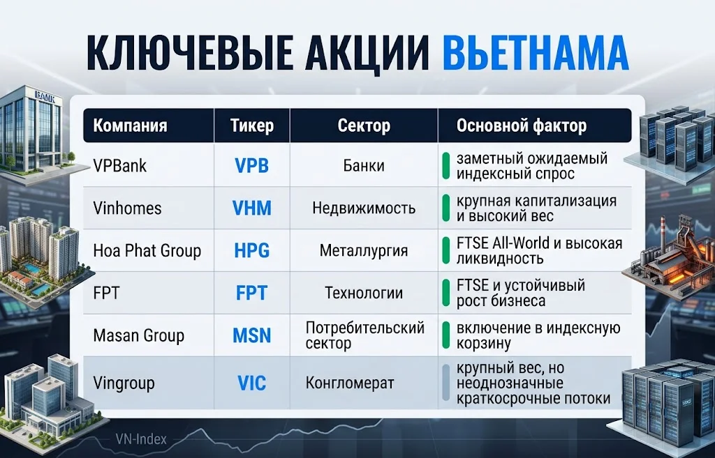 VPBank, Vinhomes, Hoa Phat, FPT, Masan и Vingroup в таблице ключевых акций Вьетнама