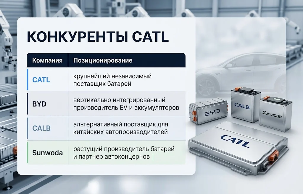 Сравнение CATL, BYD, CALB и Sunwoda по позиционированию на аккумуляторном рынке