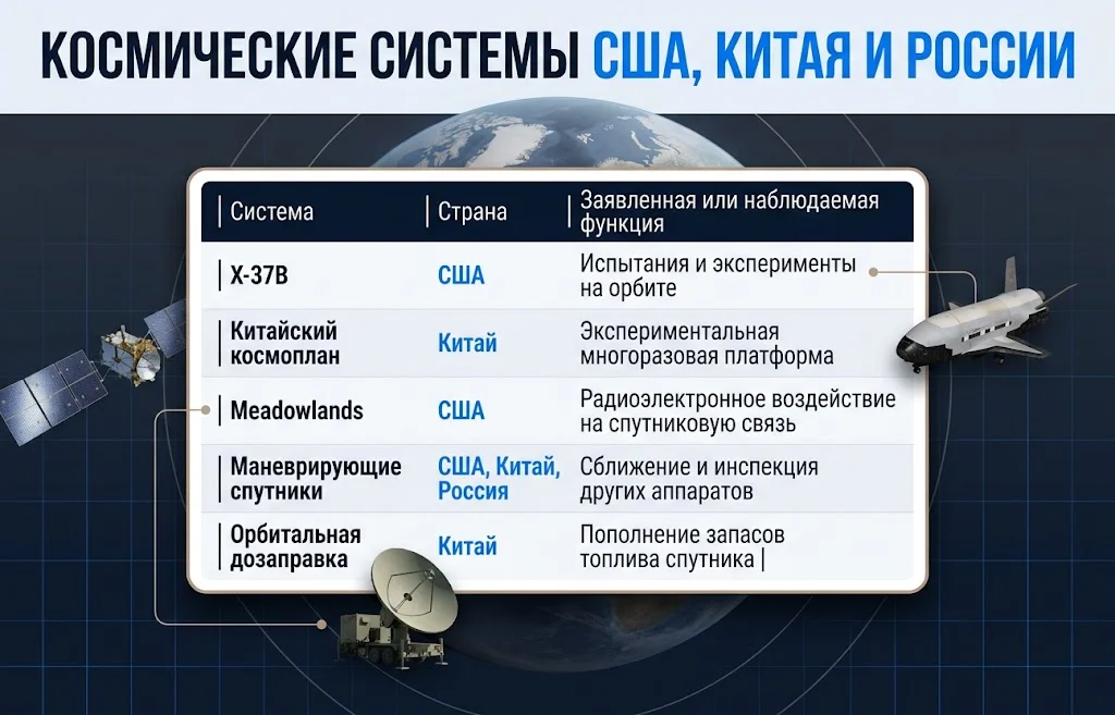 Таблица сравнивает X-37B, китайский космоплан, Meadowlands, маневрирующие спутники и орбитальную дозаправку