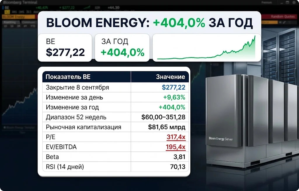 Котировки Bloom Energy $277,22 и основные рыночные показатели акций BE