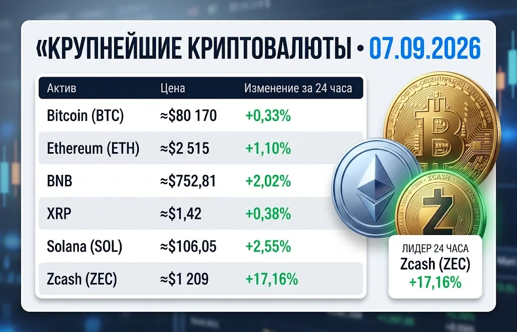 Таблица цен Bitcoin, Ethereum, BNB, XRP, Solana и Zcash с изменением за сутки