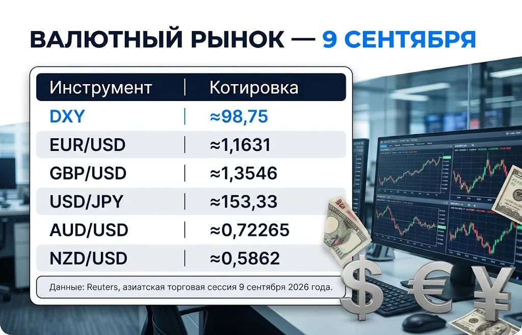 Таблица DXY и пяти валютных пар на азиатской сессии 9 сентября