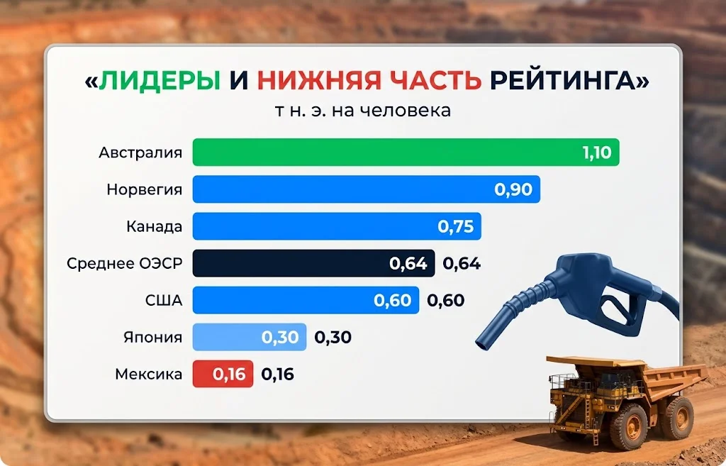 Потребление дизеля на душу населения: мировой рейтинг 2 Горизонтальная диаграмма от Австралии 1,10 до Мексики 0,16 т нефтяного эквивалента
