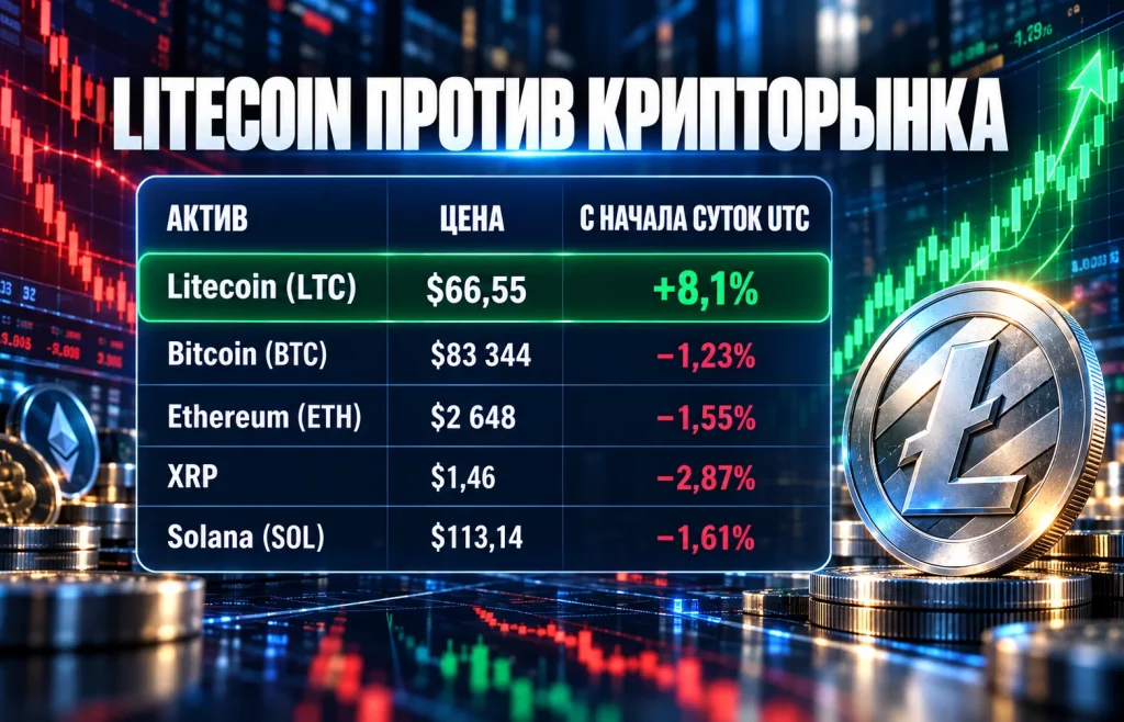 Сравнение роста Litecoin со снижением Bitcoin, Ethereum, XRP и Solana