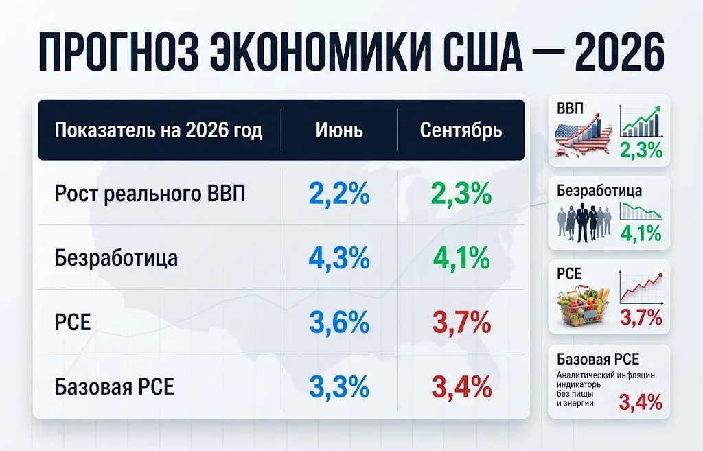 Ставка ФРС выросла до 3,75–4%: цикл развернулся 3 Сравнение прогнозов ФРС по ВВП, безработице и PCE на 2026 год