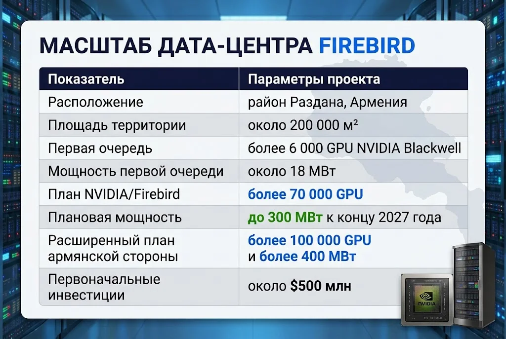 Таблица параметров Firebird с GPU NVIDIA, мощностью до 300 МВт и первоначальными инвестициями около $500 млн