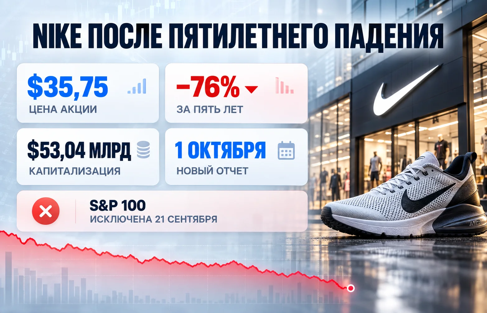 Акции Nike потеряли 76%: бренд покинул S&P 100