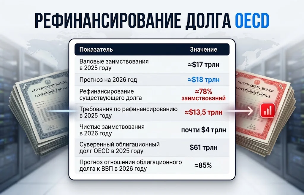 Таблица с заимствованиями OECD и долей рефинансирования около 78%