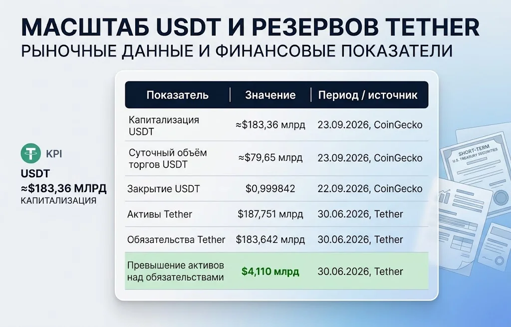 Таблица с капитализацией USDT, торговым объёмом, активами и обязательствами Tether