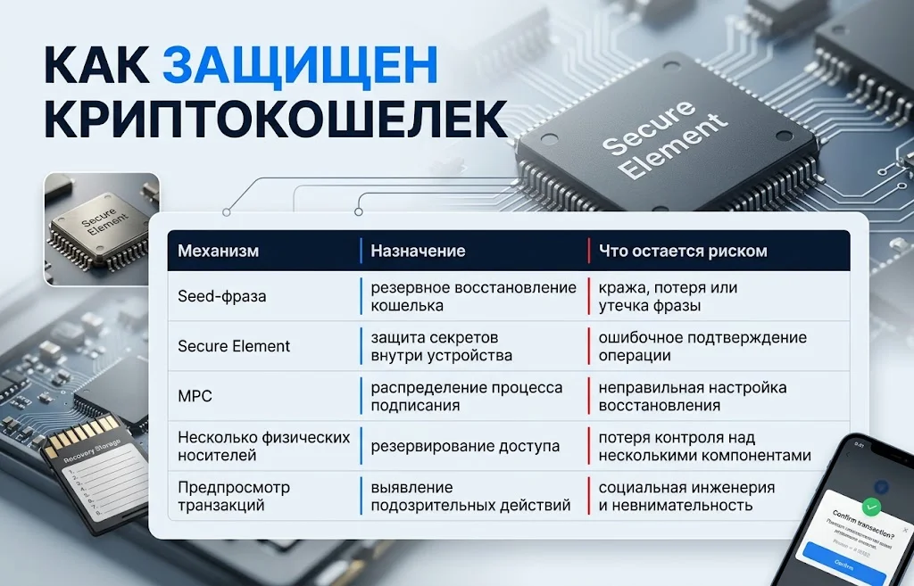 Seed-фраза, Secure Element, MPC и другие механизмы защиты криптокошельков с указанием рисков