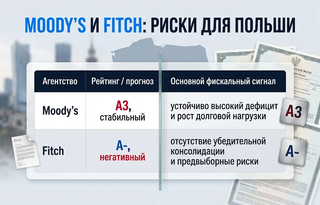 Кредитный рейтинг Польши снижен: Moody’s указало на долг 3 Сравнение рейтинга Moody’s A3 и оценки Fitch A- для Польши