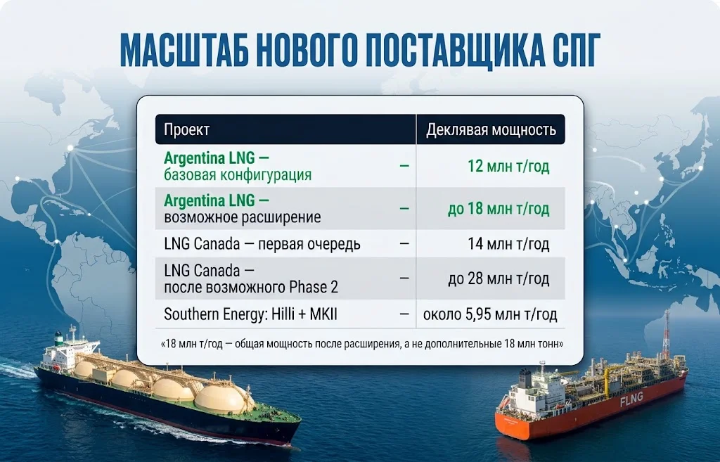 Сравнение мощности Argentina LNG, LNG Canada и Southern Energy