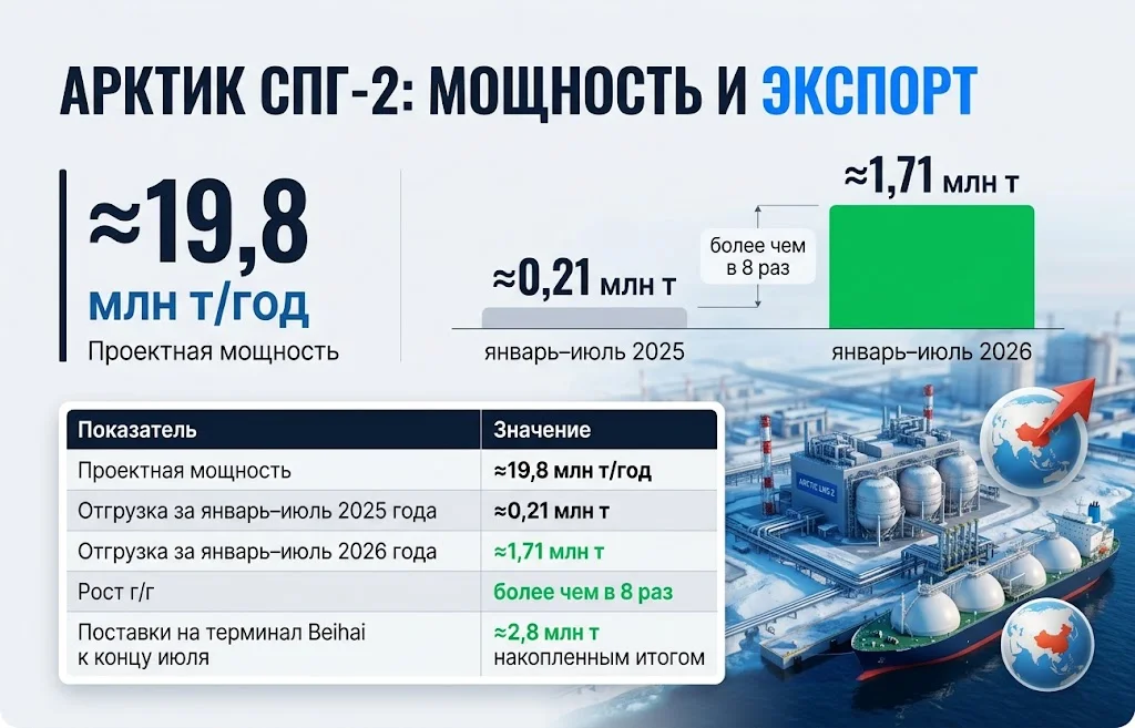 Инфографика показывает мощность 19,8 млн тонн и рост отгрузок Arctic LNG 2 в 2026 году